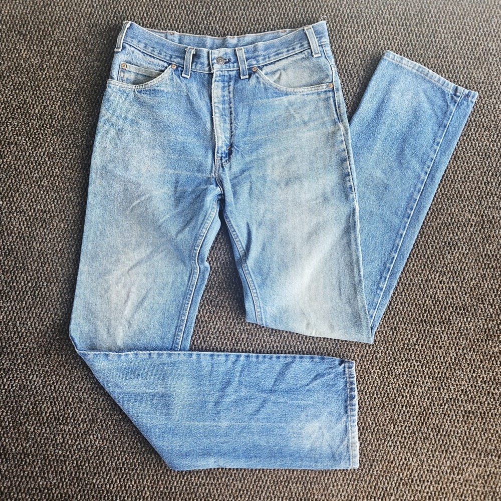 Vintage Plain Pockets Faded Light Wash Denim Blue Men's Jeans 33x36